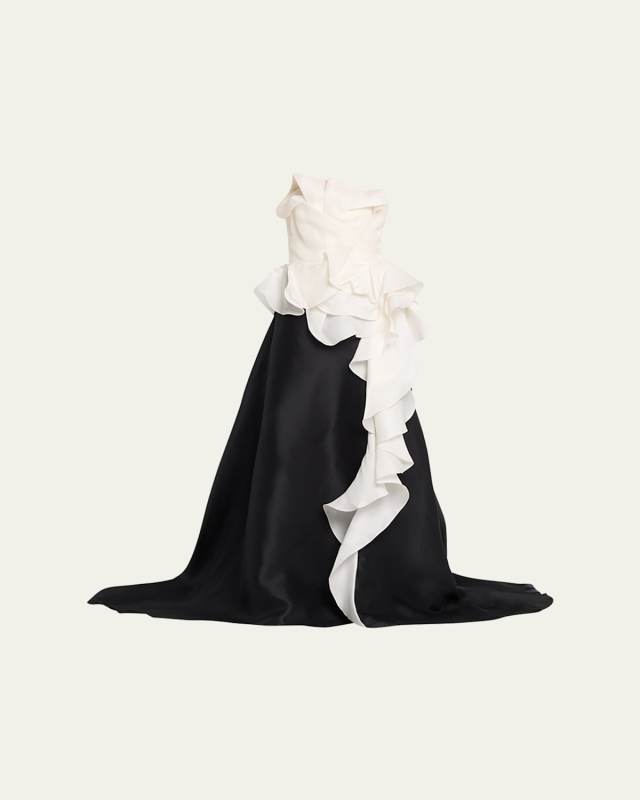 Colorblock Cascading Ruffle Strapless Silk Gown